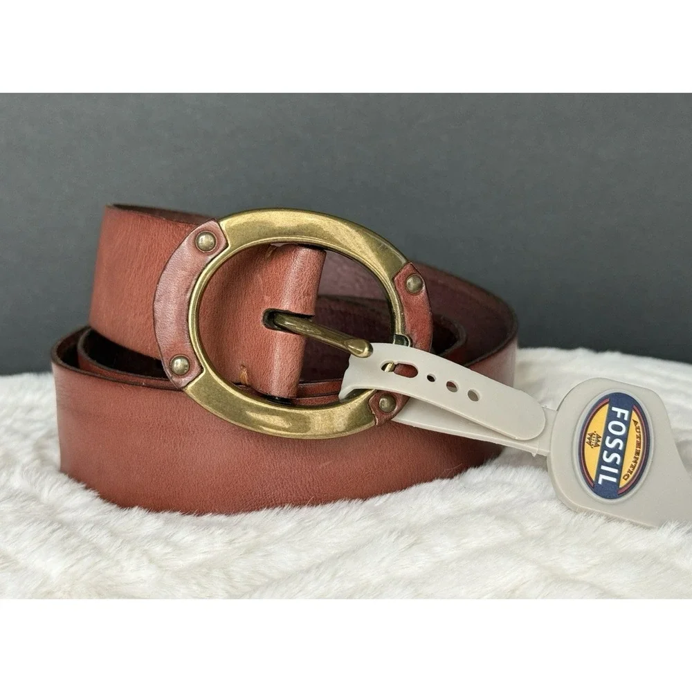 NEW‎ Fossil Brown Leather Belt Wide Sz L UNIQUE Brass Tone/Leather Oval Buckle